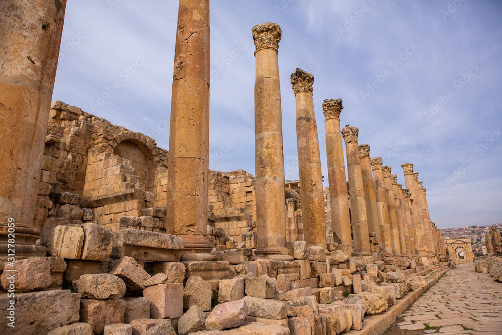 Roman ruins in the Jordanian city of Jerash. The ruins of the walled Greco-Roman settlement of Gerasa just outside the modern city.  The Jerash Archaeological Museum.