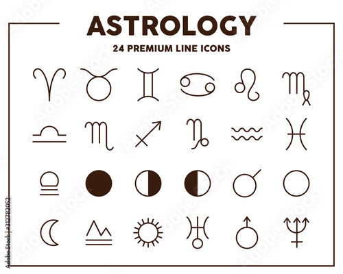Astrology signs thin line icons. Zodiac and planet signs. Vector illustration symbol elements for web design.