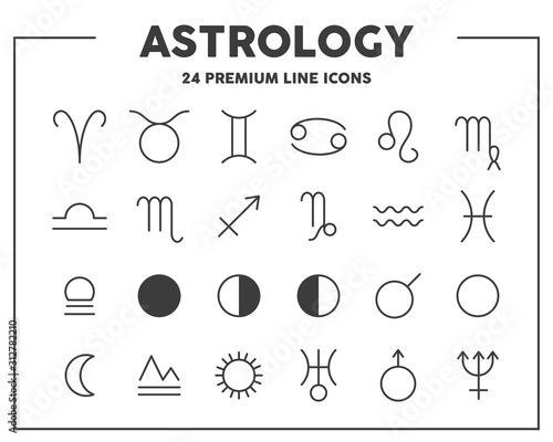 Astrology signs thin line icons. Zodiac and planet signs. Vector illustration symbol elements for web design.