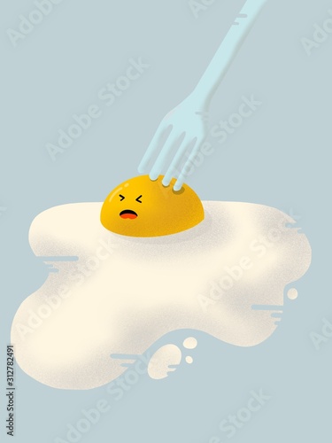 illustration of cute egg being pierced by a blue fork on blue background