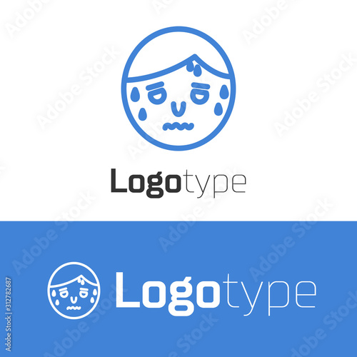 Blue line Man with excessive sweating icon isolated on white background. Logo design template element. Vector Illustration