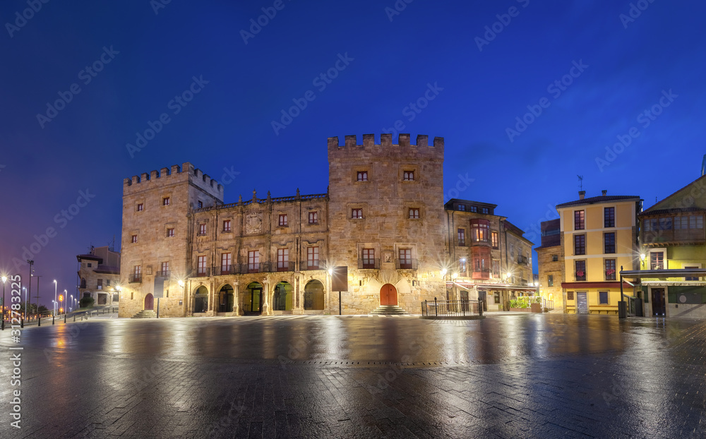 Gijon, Spain. Panoramic view of Plaza del Marques with Revillagigedo Palace at dusk