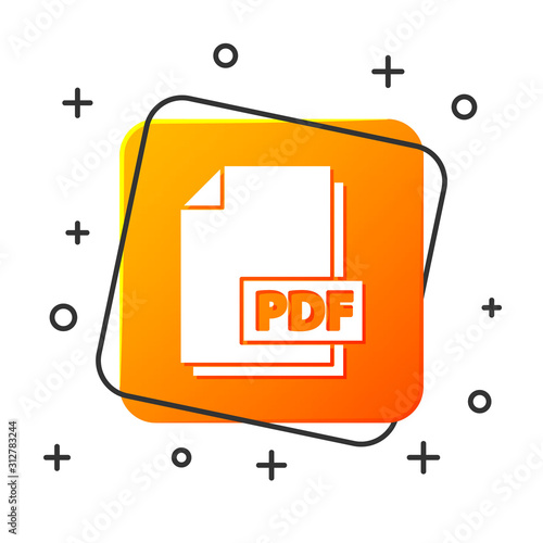 White PDF file document. Download pdf button icon isolated on white background. PDF file symbol. Orange square button. Vector Illustration