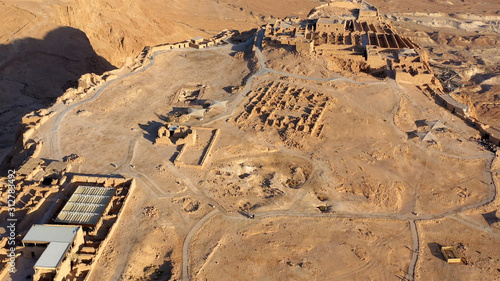 Drone View of Masada National Park at sunrise  Dead sea  Israel Masada - Aerial footage of the ancient fortification in the Southern District of Israel