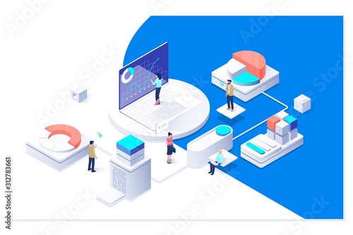 People in the team analyze diorams and graphics. Data visualization concept. 3d isometric vector illustration.