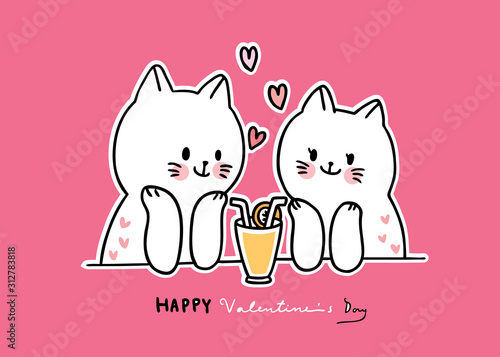 Cartoon cute Valentines day white cats lover kissing vector.