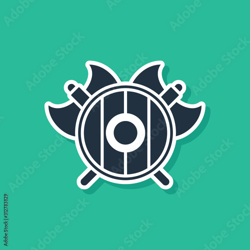 Blue Medieval shield with crossed axes icon isolated on green background. Battle axe, executioner axe. Vector Illustration