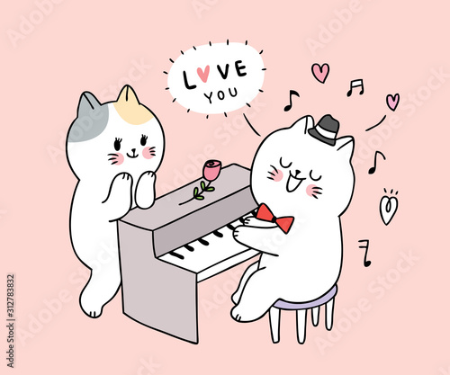 Cartoon cute Valentines day  cat playing piano and couple vector.