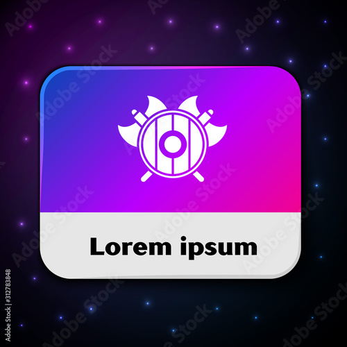 White Medieval shield with crossed axes icon isolated on black background. Battle axe, executioner axe. Rectangle color button. Vector Illustration