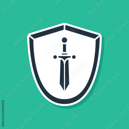 Blue Medieval shield with sword icon isolated on green background. Vector Illustration