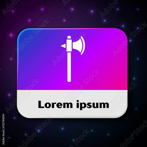 White Medieval axe icon isolated on black background. Battle axe, executioner axe. Rectangle color button. Vector Illustration