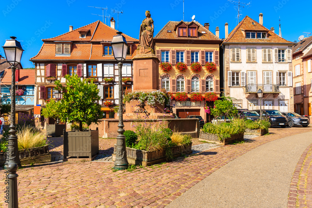 Beautiful architecture of Bergheim village square of which is located on famous Alsace wine route, France