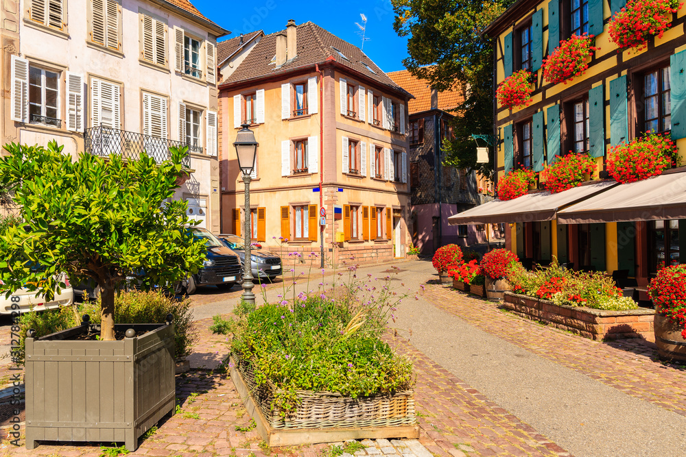 Beautiful architecture of Bergheim village square of which is located on famous Alsace wine route, France