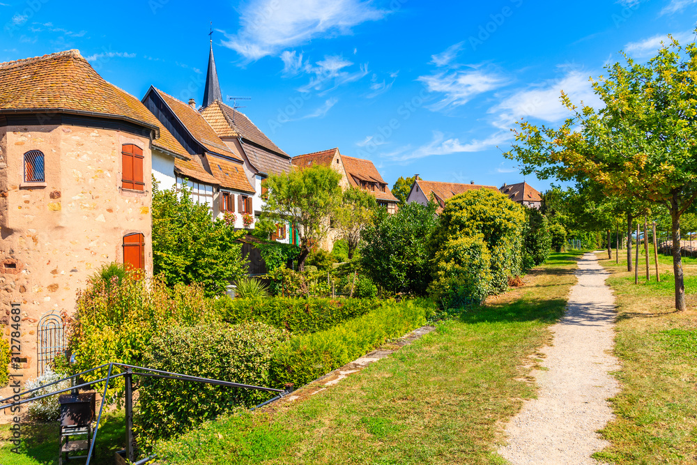 Path in park and view of beautiful traditional houses built from stones in Bergheim town, Alsace wine route, France
