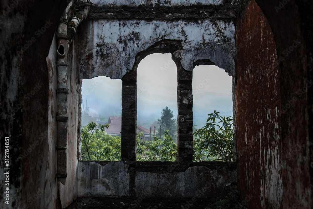 Decay ruins of burned and abandoned old French church in Vietnam, urbex 