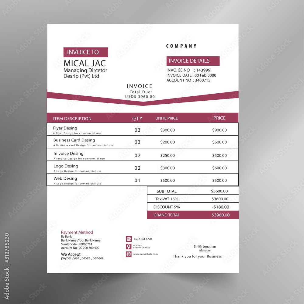 Invoice minimal design template. Bill form business invoice accounting.