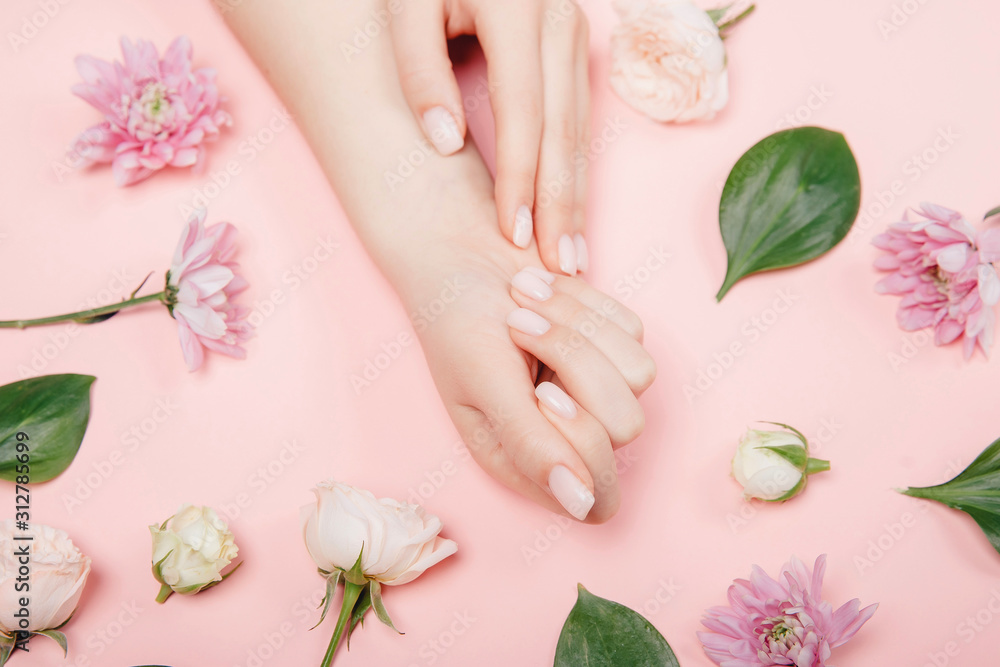 Close-up beautiful sophisticated female hands with pink flowers on white background. Concept hand care, anti-wrinkles, anti-aging cream, spa Close-up beautiful sophisticated female hands with pink flowers on white background. Concept hand care, anti-wrinkles, anti-aging cream, spa