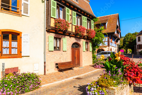 Beautiful traditional colorful houses in picturesque Kientzheim village, Alsace wine region, France © pkazmierczak