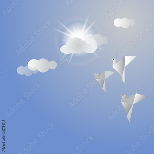 Paper bird on sky with sun and clouds