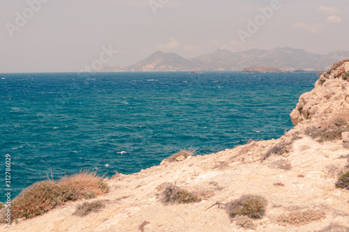Milos, Greece Sarakiniko Beach and Caves landscape seaside view at sunny weather