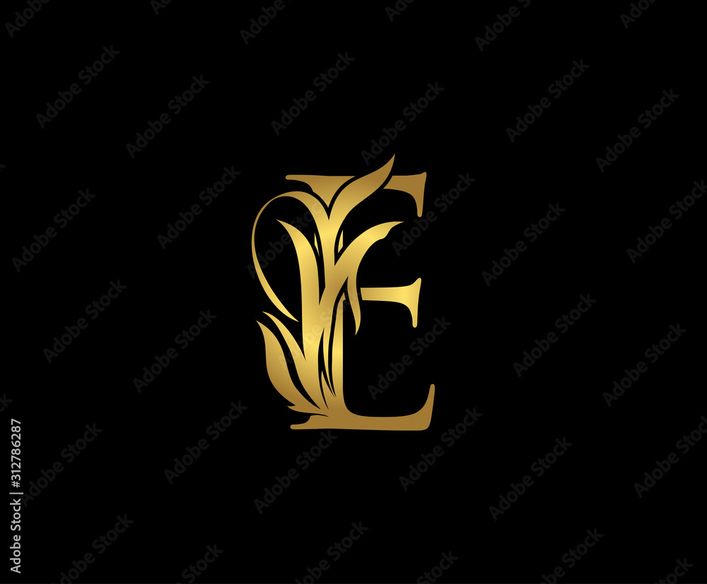 Gold E Luxury Logo Icon, Classic E Floral Letter Logo Design. Gold E Luxury Logo Icon, Classic E Floral Letter Logo Design.
