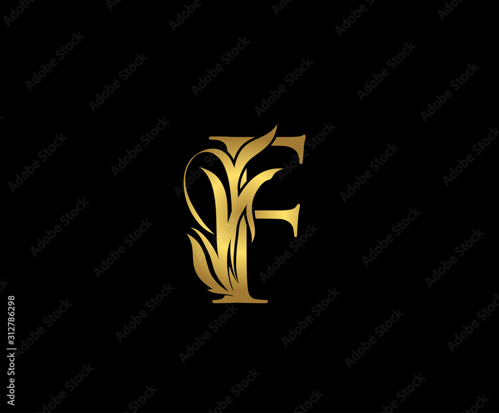 Gold F Luxury Logo Icon, Classic F Floral Letter Logo Design.