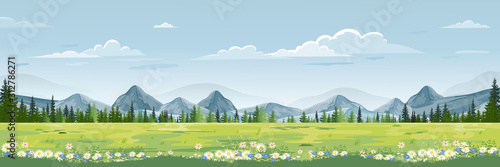 Spring landscape with mountain,blue sky and clouds, Panorama Green fields, fresh and peaceful rural nature in springtime with green grass land. Cartoon vector illustration for spring and summer banner