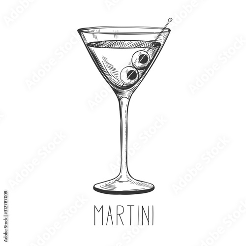 Alcoholic cocktail - martini with olive isolated on white background. Hand-drawn vector illustration
