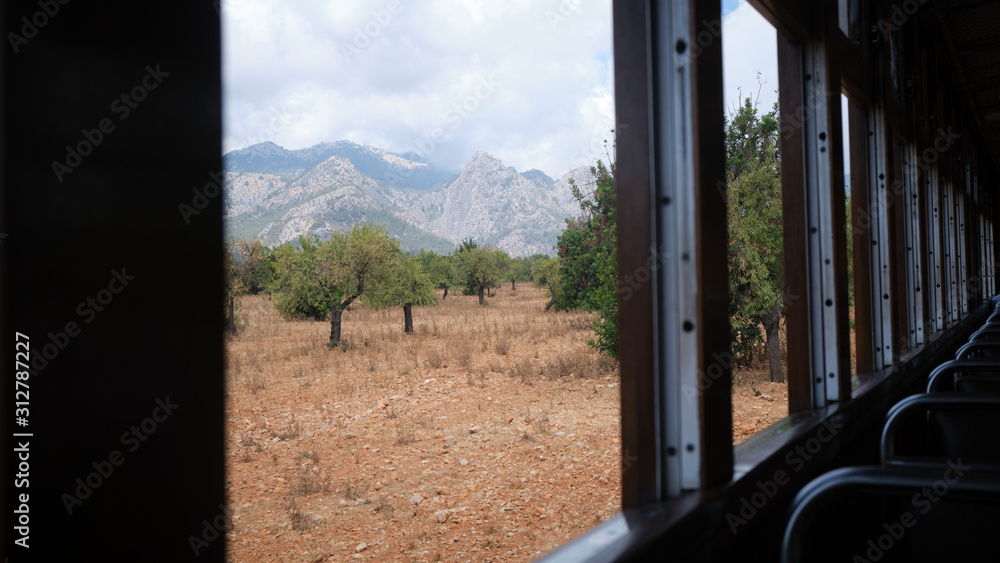 Fototapeta premium Historic train ride to Sóller, Mallorca. Passing through the orange groves.