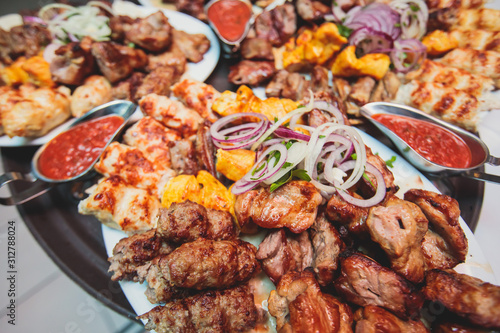 Canvastavla Variety assortment of traditional main course meat barbecue grill dishes of Cauc