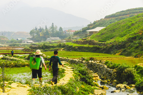 Hmong farmers walking  in rice terraces in Ma Cha village by Sapa, Vietnam  © Ilona