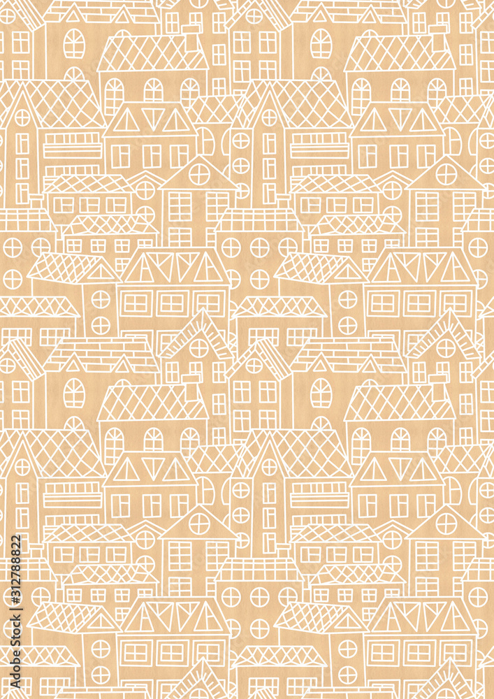 Winter holidays craft paper seamless pattern. Cute geometrical white outline illustration on caraft paper texture. Simple graphic endless pattern of houses, roofs and windows. 