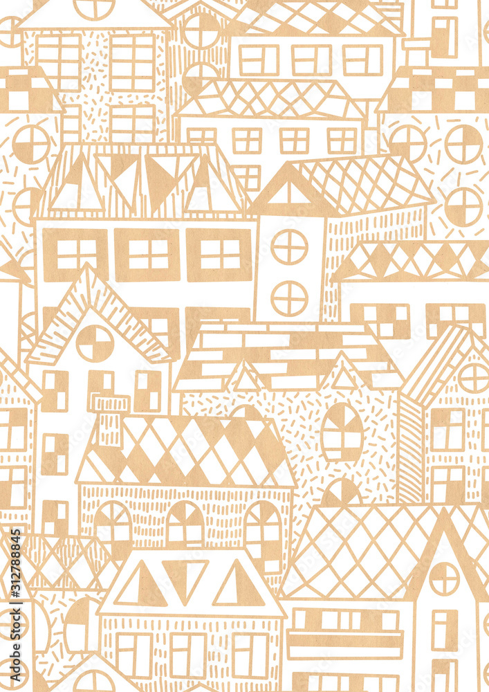 White and craft paper texture seamless pattern. Houses and roof with windows cartoon simple illustration. Urban landscape view from above. Line art illustration for wrapping, wallpaper and textile.