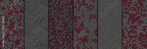 Set of organic seamless patterns with rounded lines, drips. Diffusion reaction background. Linear design with bionic shapes. Structure of natural cells, maze, coral. Abstract vector illustration.