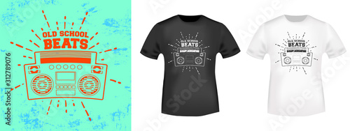 Retro stereo boombox t-shirt print stamp for tee, t shirts applique, vintage fashion, badge, label clothing, jeans, and casual wear. Vector illustration