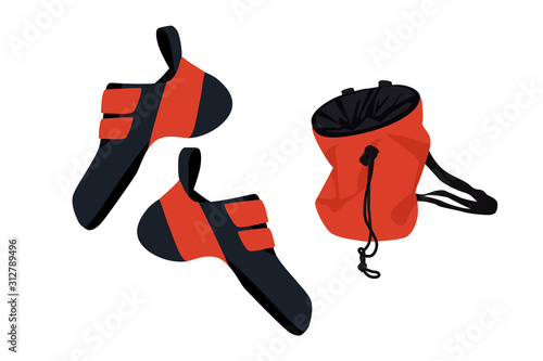 Climbing shoes pair and chalk bag isolated on white background. Vector illustration.