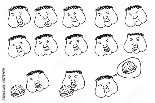 Minimalistic thick emoticons. Fat faces with different emotions. Black thin line vector icons set.