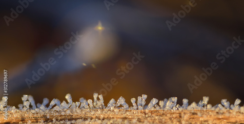 Close-up of small ice crystals growing upright on a dry blade of grass against a brown background with light