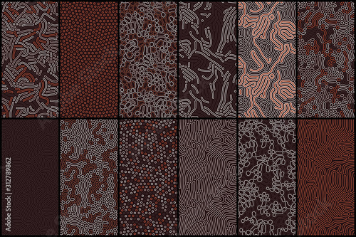 Set of organic seamless patterns with rounded lines, drips. Diffusion reaction background. Linear design with bionic shapes. Structure of natural cells, maze, coral. Abstract vector illustration.