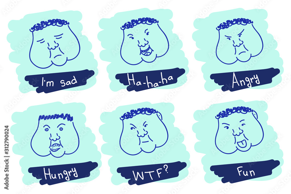 Minimalistic thick emoticons. Fat faces with different emotions with texts on blue background. Thin line vector icons set.