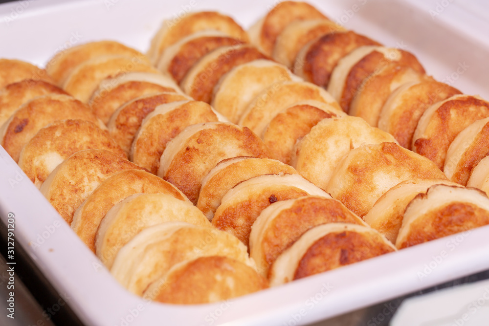 Fried curd cheese, served for breakfast Fried curd cheese, served for breakfast