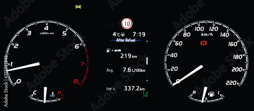 Illustration of average fuel consumption display between circular speedometer and tachometer. Car instrument dashboard with display fuel range, temperature gauge, trip distance and lane assist icon.