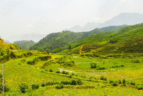 Scenery of beautiful green rice terraces in Sapa, Vietnam 