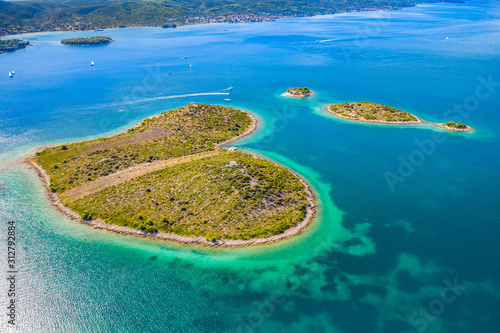 Islands on Adriatic coast in Croatia, panoramic view of the amazing heart shaped island of Galesnjak near Zadar in Dalmatia, beautiful seascape