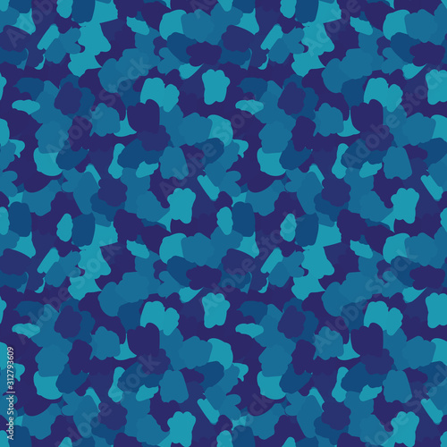Classic blue dense camo seamless vector pattern. Variegated dyed tri blend blotched background. Denim indigo resist batik texture. Melange masculine japanese  tie dye jeans effect. Repeat swatch