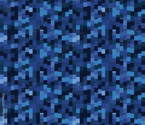 Classic blue geometric pixel mosaic seamless texture pattern. Variegated grunge geo background. Denim dark indigo dyed bleach mark fabric texture. Melange masculine shirting repeat vector swatch.