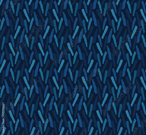 Classic blue brush stroke seamless texture pattern. Variegated grunge chevron background. Denim dark indigo dyed bleach mark fabric texture. Irregular masculine cross shirting repeat vector swatch.
