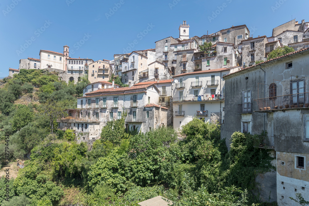 buildings looming out of thick vegetation on western slope of old uphill village, Rivello, Italy