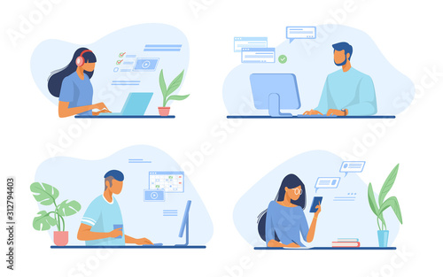 People using online apps set. Professionals using computers and cellphones for work or chat. Flat vector illustrations. Internet communication concept for banner, website design or landing web page
