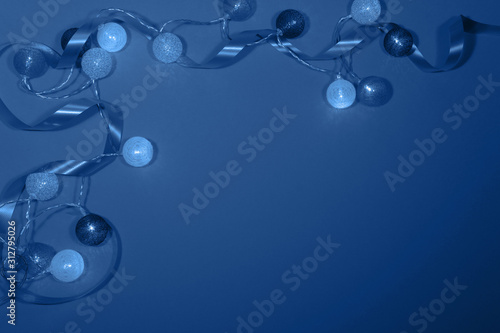 Classic Blue color of the Year 2020.Gradient.Holiday congratulatory background with cotton balls. Copy space.